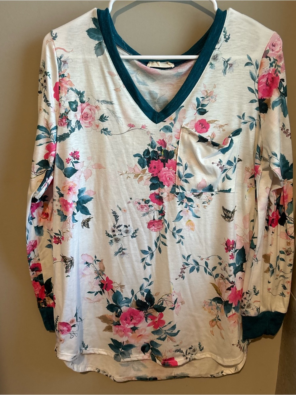 Avery Cream Floral V-Neck Long Sleeve Top with Teal Trim